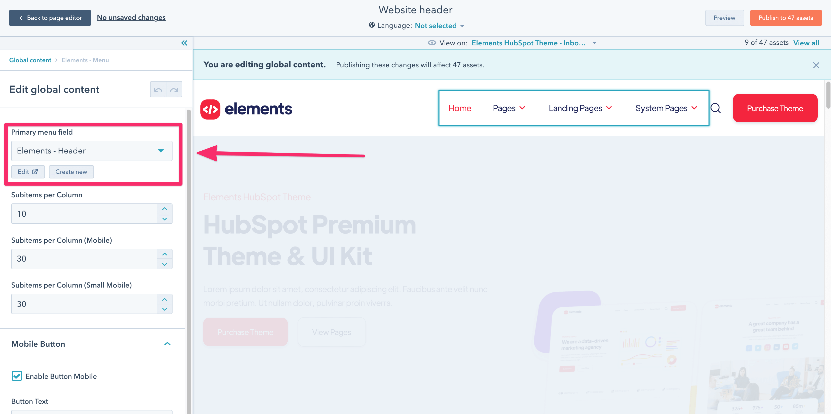 Edit Menu - Elements HubSpot Theme